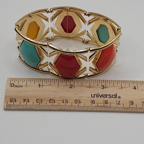 Boho Modern Chic Stmt GoldTone Red/Yellow/Aqua Gem Geometric Bangle Bracelet - Picture 9 of 13